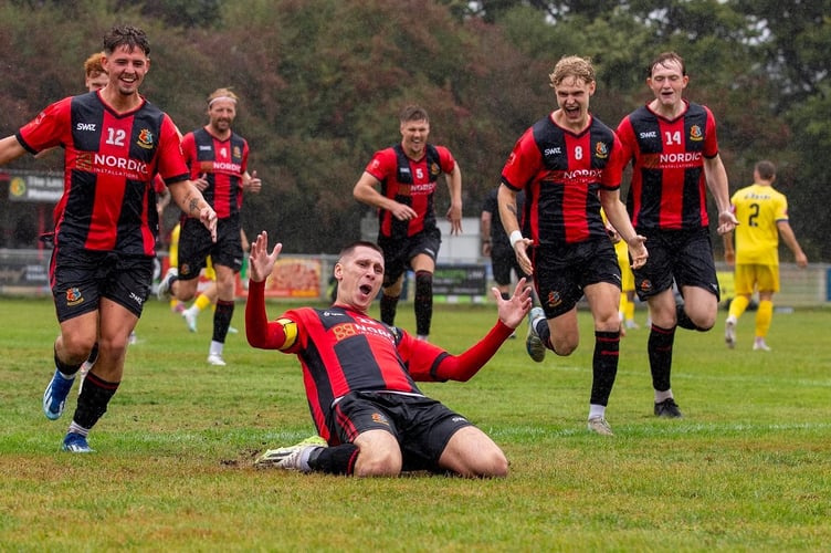 Jack Crago celebrates giving Tavistock AFC the lead in the cup