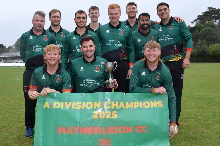 Celebration time for Hatherleigh 1st XI with skipper Rob Cockwill and the A Division champions' trophy