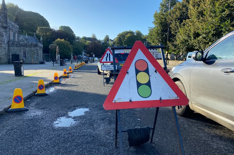 Roadworks in Bedford Square, Tavistock, as gas works begin today for two weeks.