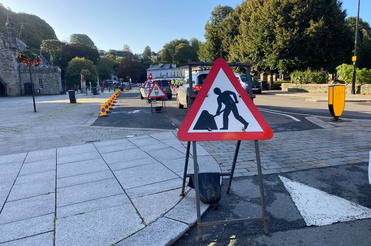 Roadworks in Bedford Square, Tavistock, as gas works begin today for two weeks.