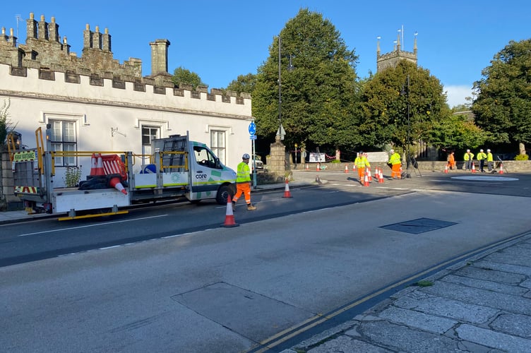 Roadworks in Bedford Square, Tavistock, as gas works begin today for two weeks.