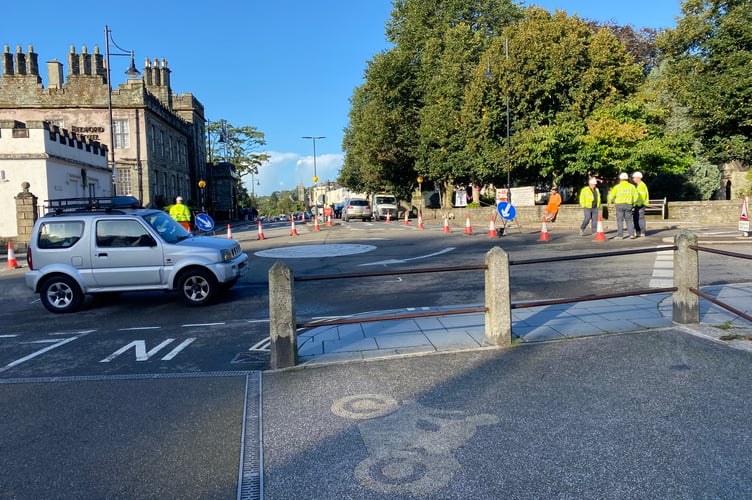 Roadworks in Bedford Square, Tavistock, as gas works begin today for two weeks.