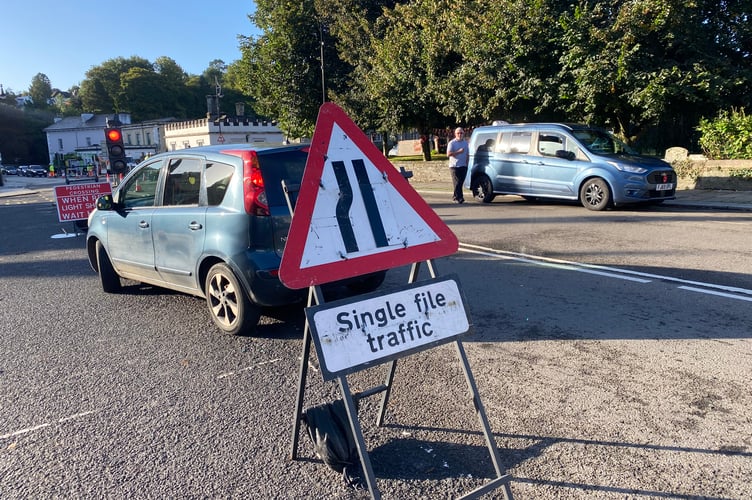 Roadworks in Bedford Square, Tavistock, as gas works begin today for two weeks.