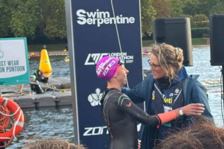 Sam Lake, Tavistock top athlete and primary school teacher, came a fantastic fourth out of 2,500 in the Serpentine Swim. Sam is pictured (left) with former top open-water swimmer and Olympic medalist Cassandra Patten at the Serpentine Swim.