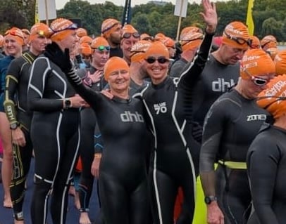 Linda Trebilcock, left, and friend Helen Smith at the mass start of the two-mile Serpentine Swim in London. 