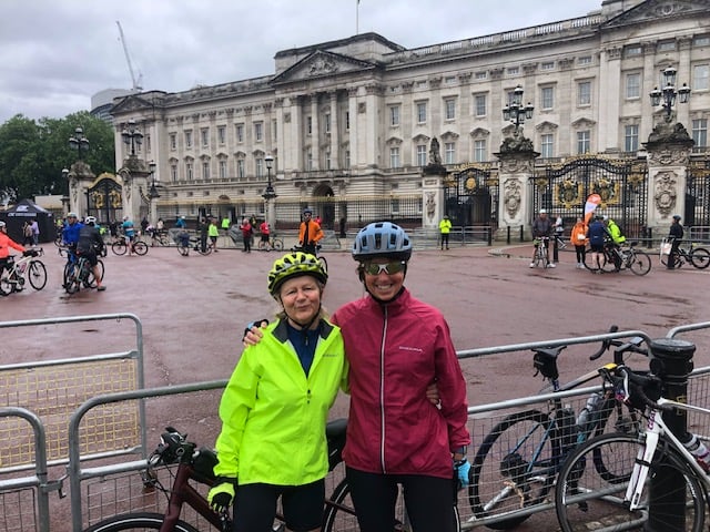 Linda Trebilcock, left, and friend Helen Smith triumphant with their 100-mile Ride London medals.