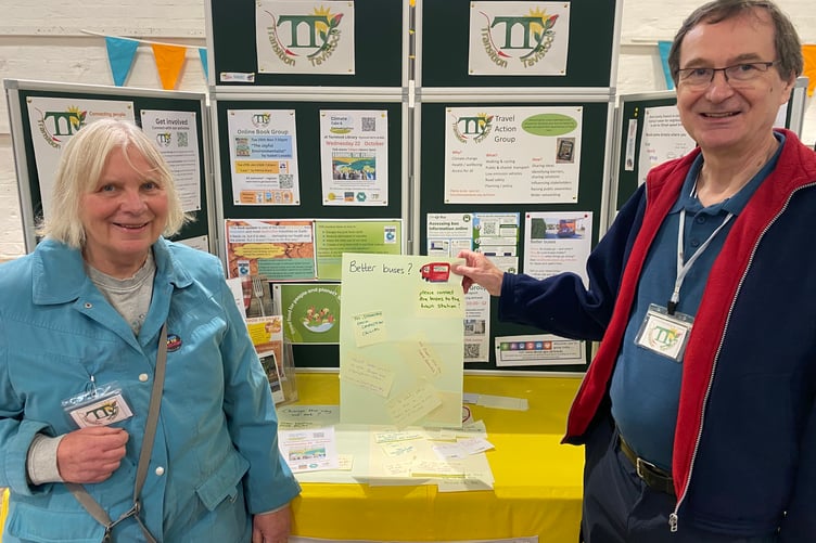 Promoting a sustainable lifestyle and public services by Transition Tavistock at Tavistock Community Wellbeing Fair. The group is asking locals' views on 20mph street limits.