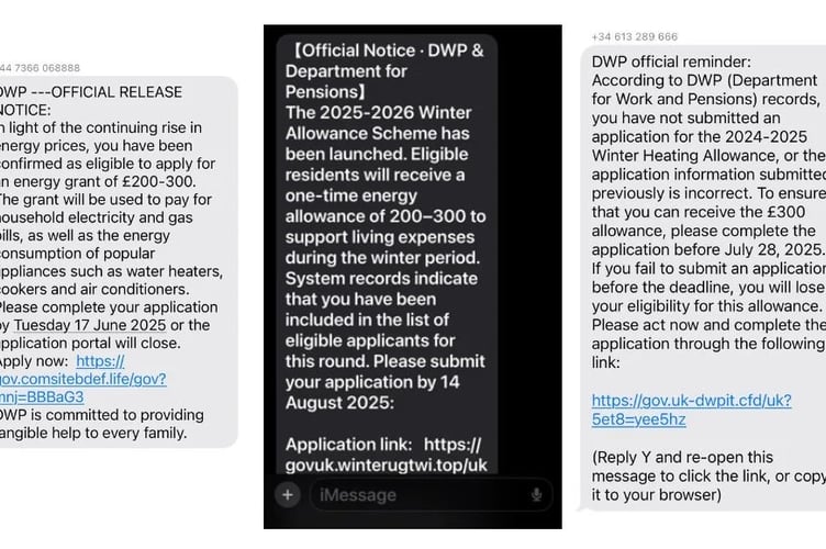 Examples of winter fuel payment scam text messages