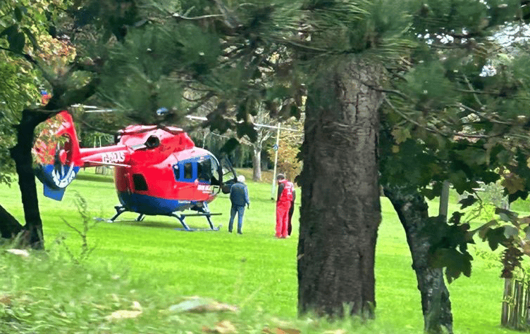 Emergency services, including the air ambulance (pictured) are attending an incident this morning on Bannawell Street, Tavistock.  Roads are closed while paramedics and other emergency medical specialists attend.