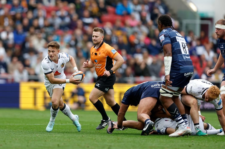 Exeter Chiefs scrum-half Stephen Varney looks to get the ball moving against Bristol Bears