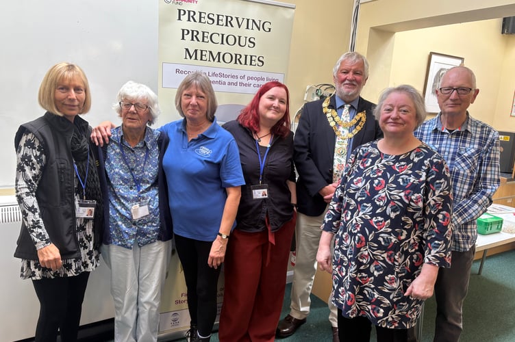 Launch of TASS Preserving Precious Memories with Amanda Bowen (Tavistock Dementia Alliance), Val Vines, Heather Rayne (Tavistock Memory Cafe), Emma Shaw (TASS), (TASS) Mayor Steve Hipsey, Julie Quin (Hart Care) & Simon Thompson (TASS). 