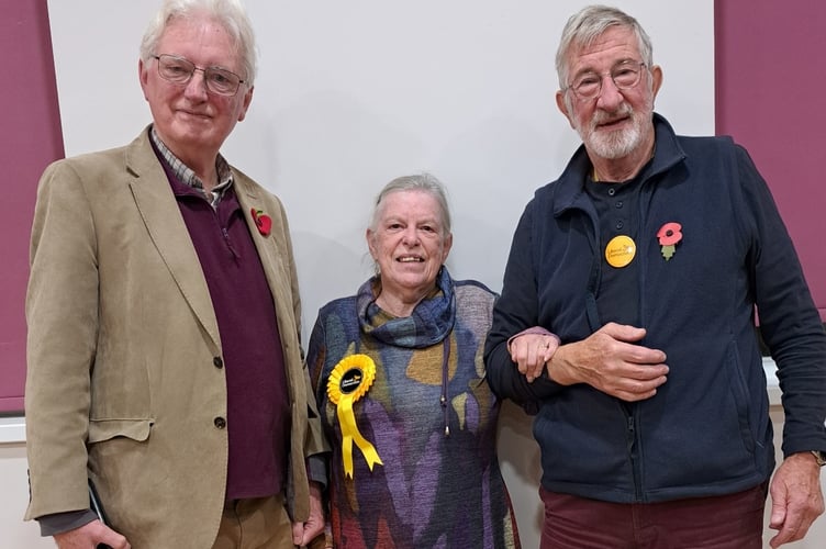 Newly-elected Okehampton south West Devon borough councillor Jan Goffey with LibDem colleagues at the by-election count last week.