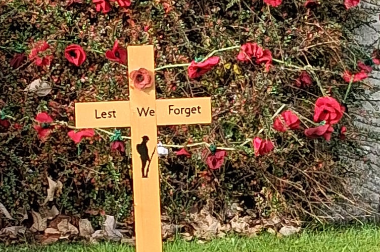 Mary Tavy's tribute to the fallen included this cross and poppies adorning a bush.
