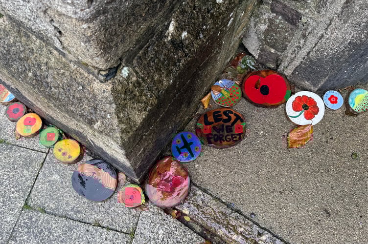 Remembrance decorations outside of St James Chapel in Okehampton.
