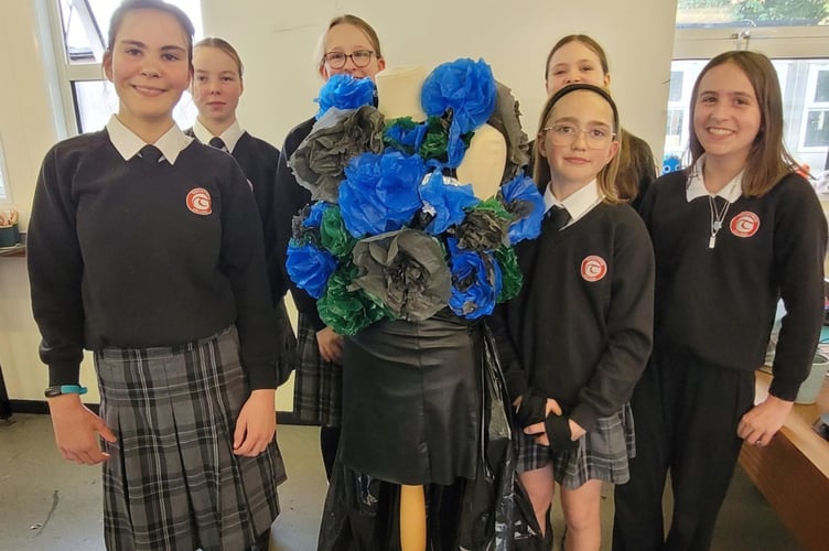 Tavistock Scrapstore charity fashion show with preloved clothing - included this creative outfit by Tavistock College students.