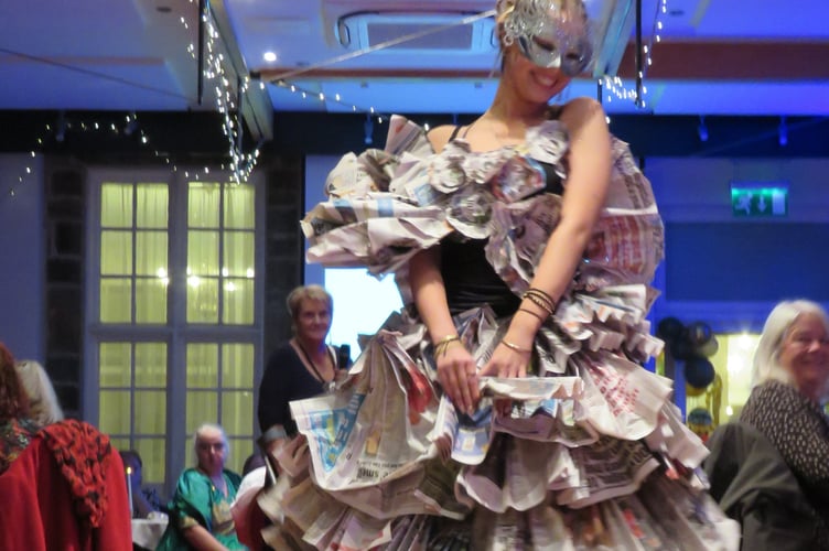 Tavistock Scrapstore charity fashion show with preloved clothing - included this eye-catching pleated dress.