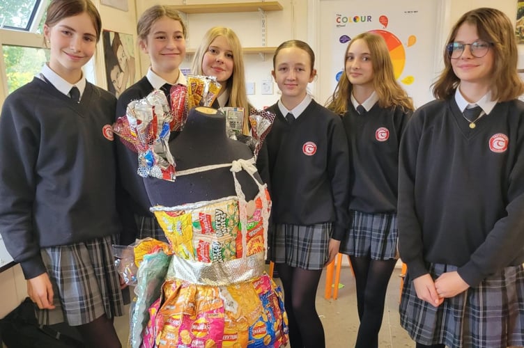 Tavistock Scrapstore charity fashion show with preloved clothing - included this colourful outfit by Tavistock College students.