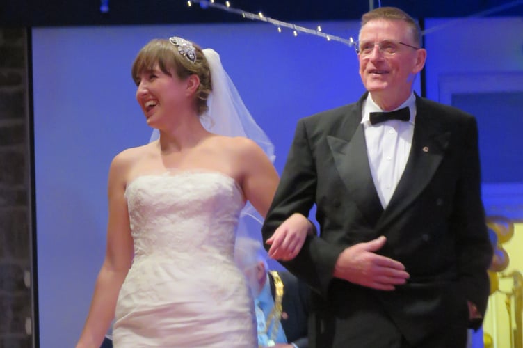 Tavistock Scrapstore charity fashion show with preloved clothing - included this wedding outfit.