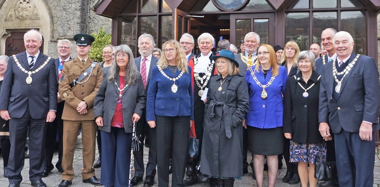 Mayor and Mayoress of West Devon with other members of the ‘Chain Gang’ outside Fireplace Church at Sunday’s WDBC Civic Service.