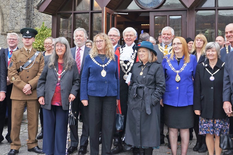 Mayor and Mayoress of West Devon with other members of the ‘Chain Gang’ outside Fireplace Church at Sunday’s WDBC Civic Service.
