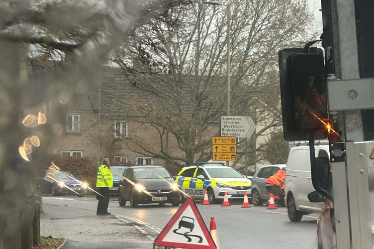 The scene on Plymouth Road, Tavistock this morning, where there was a two-vehicle collision on the road near Tavistock Cemetery.