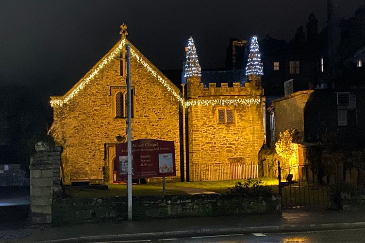 The beautifully lit Abbey Chapel in Tavistock helps create a Christmas feel to the town centre.