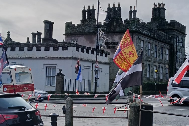 Flag Force Union Flags, St George flags flying on Bedford Square, Tavistock, on Sunday, November 23.