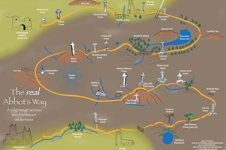 A map of the real Abbot's Way, showing how it snakes its way across the moor from Buckfast Abbey to Tavistock, taking in historic crosses along the way.
