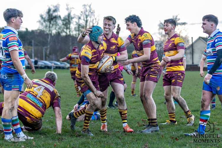 Jubilant try celebrations for Okehampton RFC 1st XV