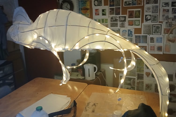 A fantasy creature lantern made at workshops for the Tavistock Dickensian Evening parade. The sessions were held by West Devon Community Art Workshops.