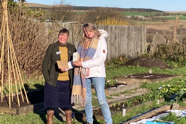 Prize-winning 'plotters of Princetown community garden The Plot receive a national award. Pictured left to right: Geraldine King, RHS estates services manager, presents the Britain In Bloom Community Award to Hazel Williams.