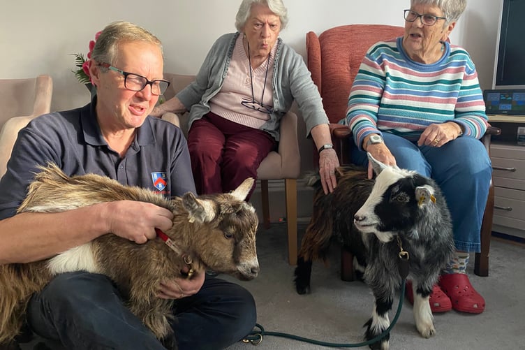 Abbeyfield's Drake Lodge residents Sheila Wallace and Jenny Eglington welcome two four-legged guests - Robbie and Ronnie the pygmy goats and owner Tim Sheppard, of Tavistock Therapy Goats.