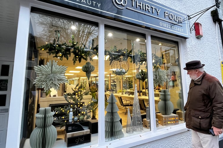 Tavistock BID traders' Christmas windows competition: Mime - Community award. With admiring Mayor Steve Hipsey - Highly Commended.