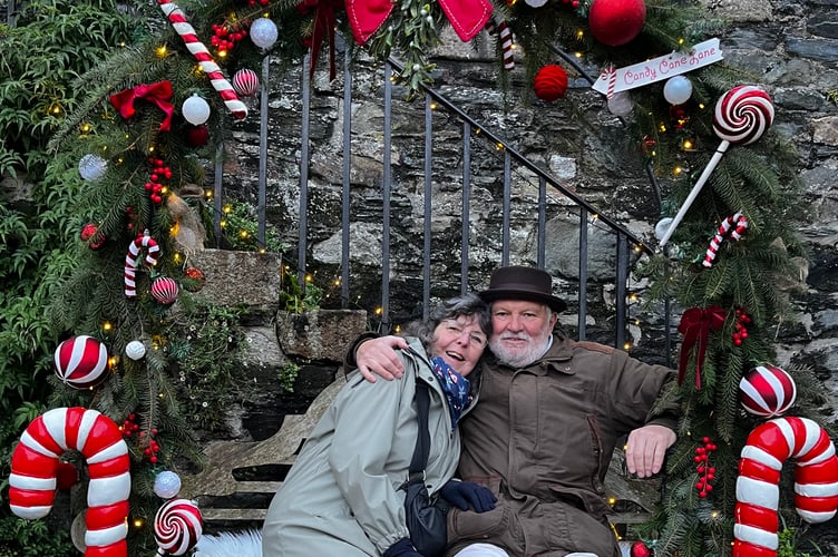 Tavistock BID's Christmas traders' display competition: Mime - community award winner. Pictured are Mayor ands Mayoress Cllr Steve Hipsey and consort Cathy at Mime.
