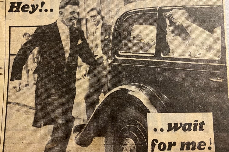 Olympian runner Mike Farrell breaks into a run to catch his bride.