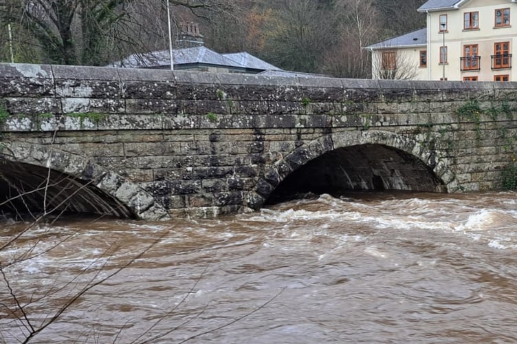 The River Tavy is high up under the arches of Abbey Bridge in Tavistock after Storm Bram. Picture by Veronica Aston.