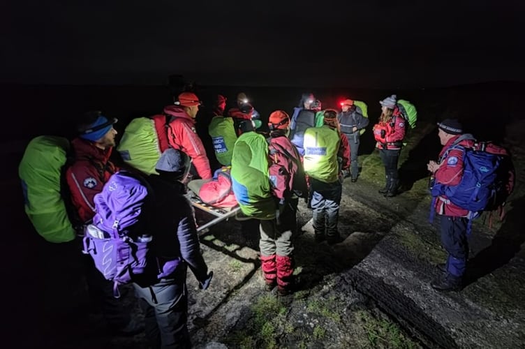 Members of the North Dartmoor Search and Rescue Group doing joint training with other Dartmoor rescue groups.