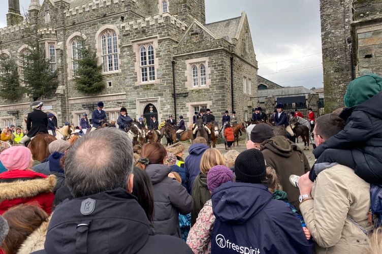 Spooners & West Dartmoor Hunt and supporters defy protesters at the annual Tavistock Boxing Day meet on Bedford Square today.