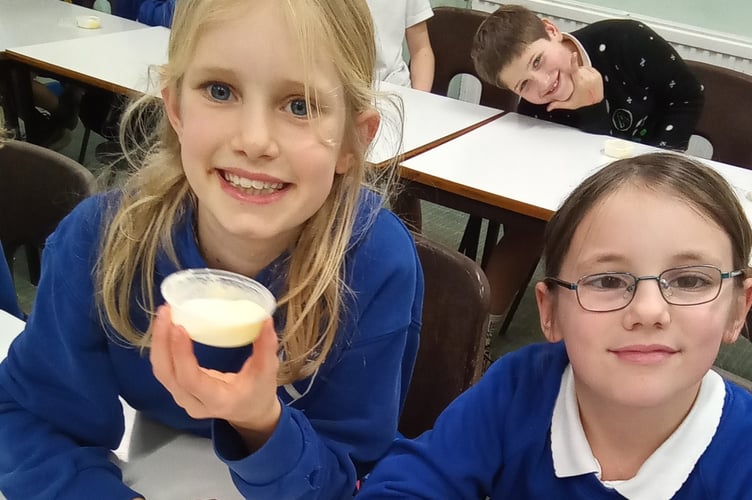 Buckland Monachorum St Andrew's School pupils enjoy a Farmwise Devon workshop - making butter.