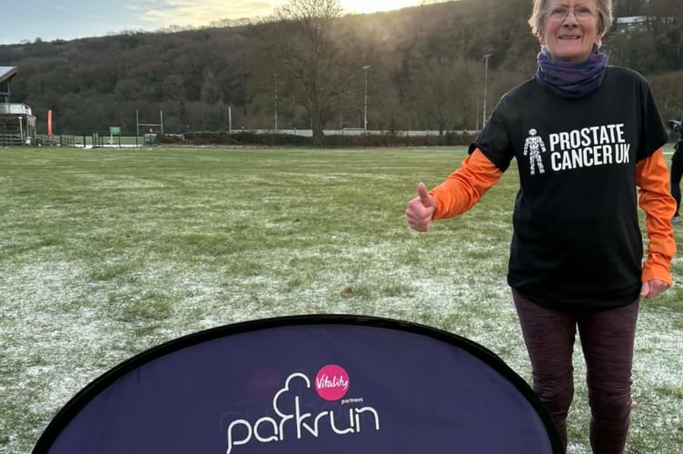 a45b0645-b5b1-4a16-8e5d-48b986d5b1c5. ORC member Mags Jarvis completes her 25th parkrun in Simmonds Park, Okehampton, for her Prostate Cancer UK charity challenge - finishing first in age her category.