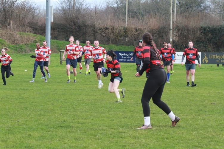 Looking for passing options at the T1 Tavistock Rugby Club mixed gender non-contact Boxing Day clash.  Picture by Chris Hair.