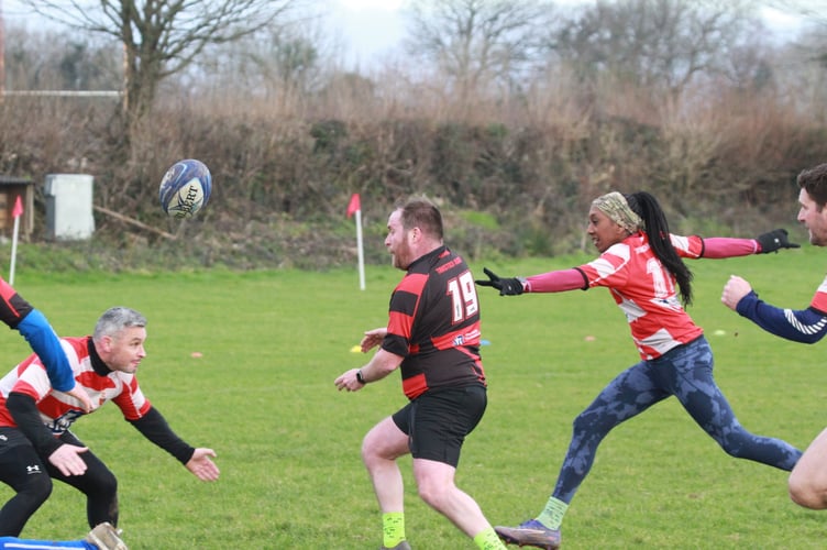 All eyes on the ball at the T1 Tavistock Rugby Club mixed gender non-contact Boxing Day clash. Picture by Chris Hair.