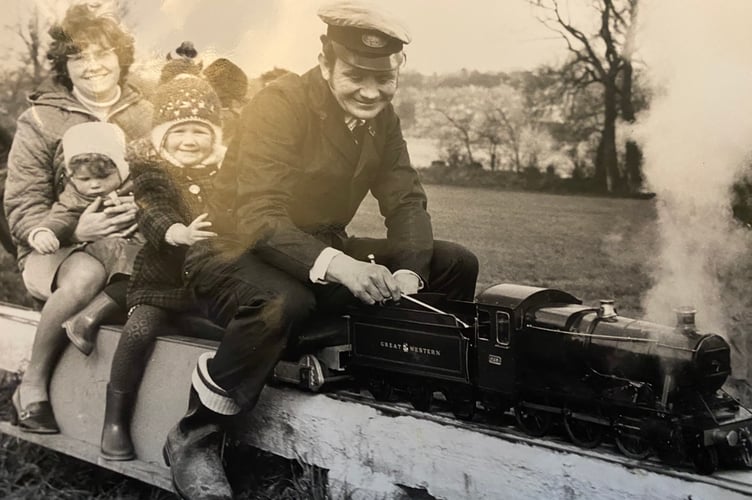 The family of the late Robin Pike enjoying a ride on his mini-steam train. He is joined by wife Diana and their daughters (left to right) xxx and Katherine in Central Park, Plymouth.