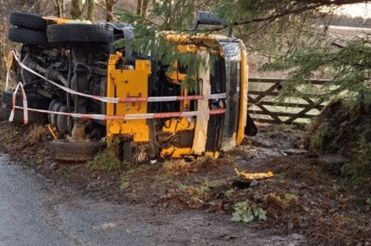Road gritting lorry overturned on ice in Dousland. Picture by Princetown Fire Station.