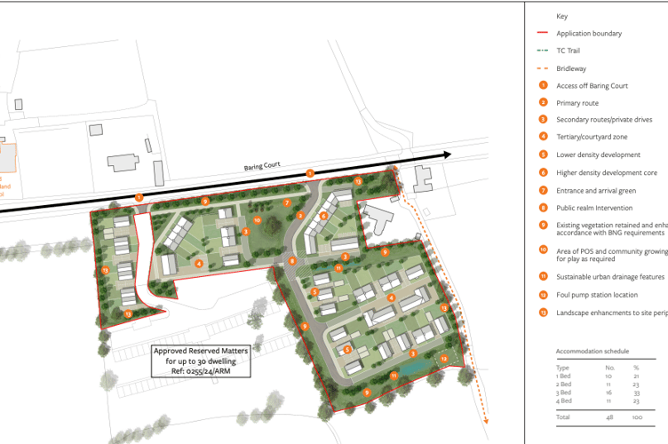 A plan of the proposed scheme to build 50 homes on the Jethro site in Lewdown. The map is by Clifton, Emery Design.
