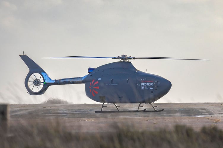 The UK's first crew-less full-size helicopter has been developed for the Navy which flew it for the first time in Cornwall.