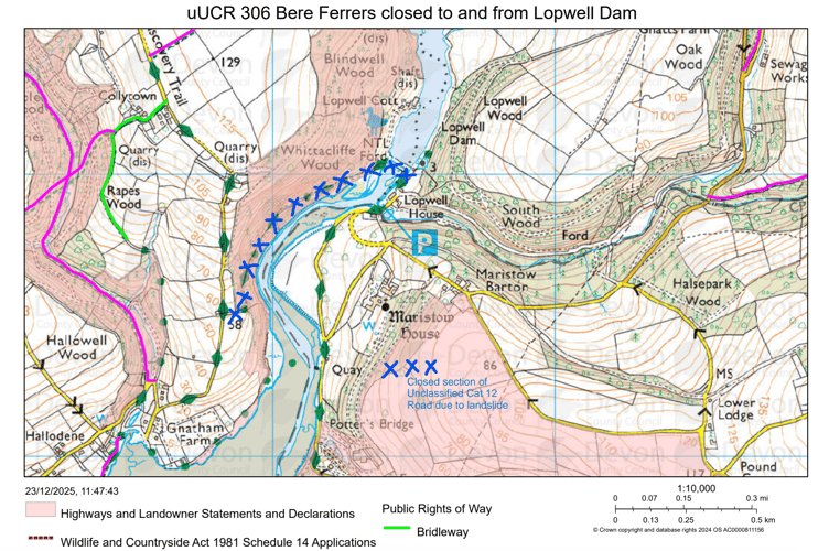 The unclassified road closed due to a landslip, from Bere Ferrers to Lopwell Dam is highlighted with blue crosses on this pictured map.