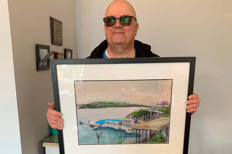 Artist Chris Stone, with his painting he donated to Drake Lodge in Tavistock.