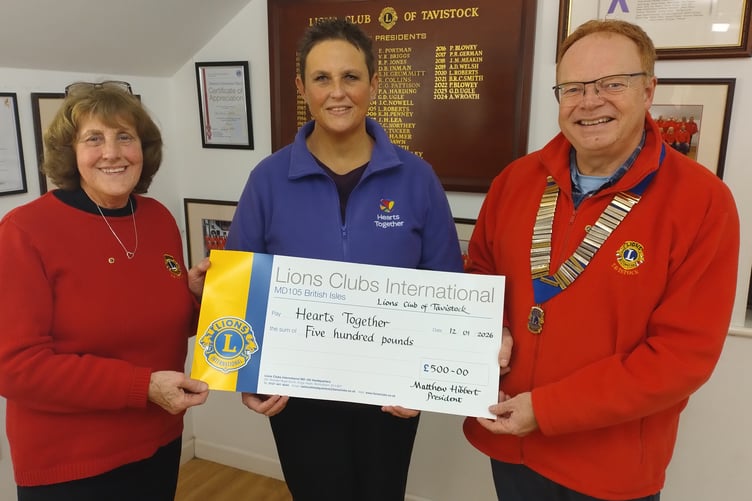 Pictured centre is Penny Logsdail from the charity Hearts Together receiving a donation from Tavistock Lions communities services chair Brenda Moyse, and Lion president Matt Hibbert.