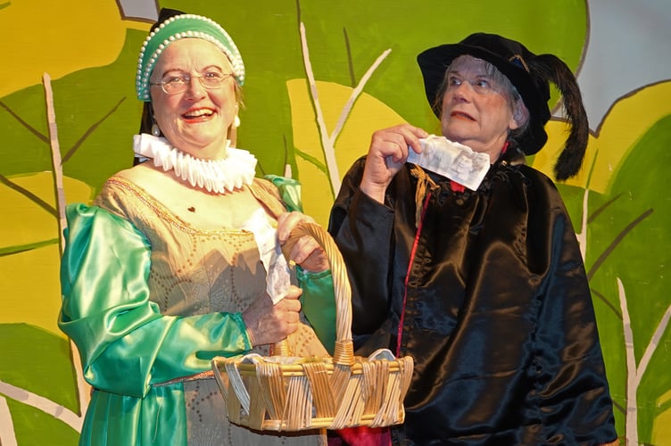 Bere Ferrers panto Fire and Brimstone over Bere Ferrers withm Babs, lady-in-waiting to Lady Rose (Harriet Ellis) and Volpone, Moxy Oron’s servant (Virginia Grose). Picture by Ann Parsons.